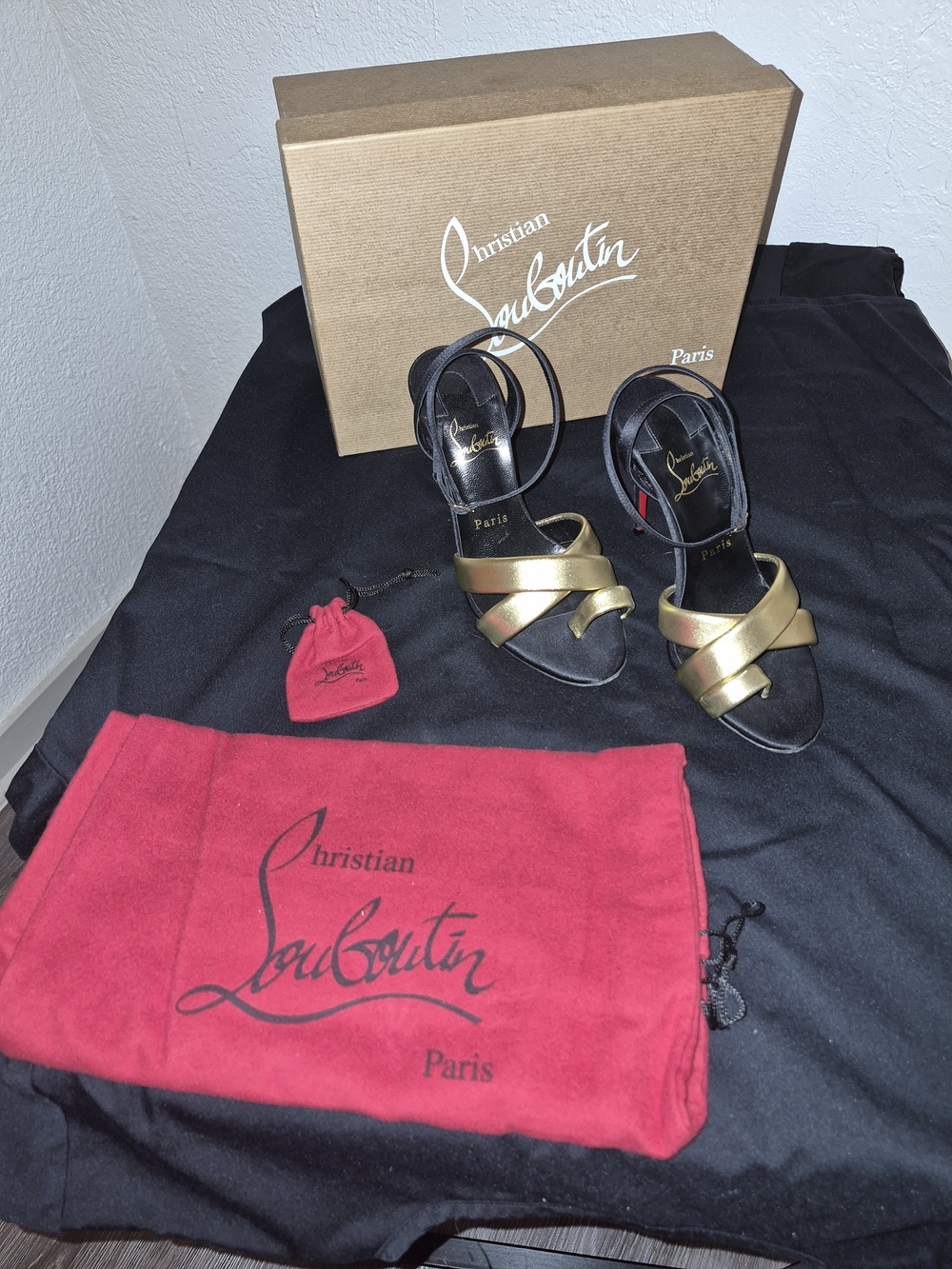 Christian Louboutin Black and Gold Strappy High-Heel Sandals